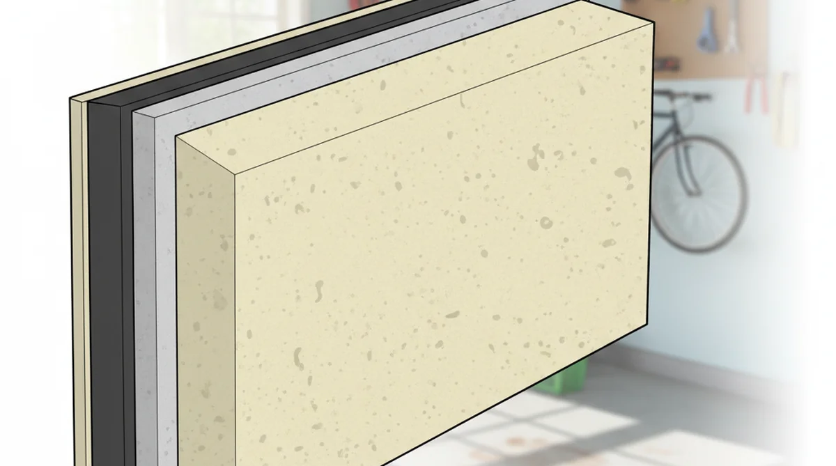 Insulated garage door panel cross-section showing R-value insulation